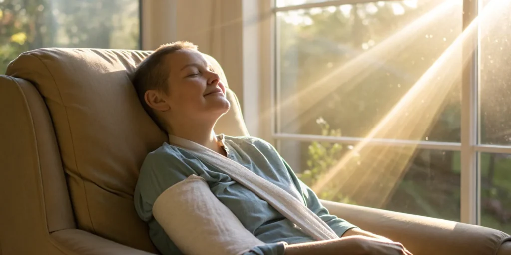 Arm in sling post-SLAP tear stem cell therapy.